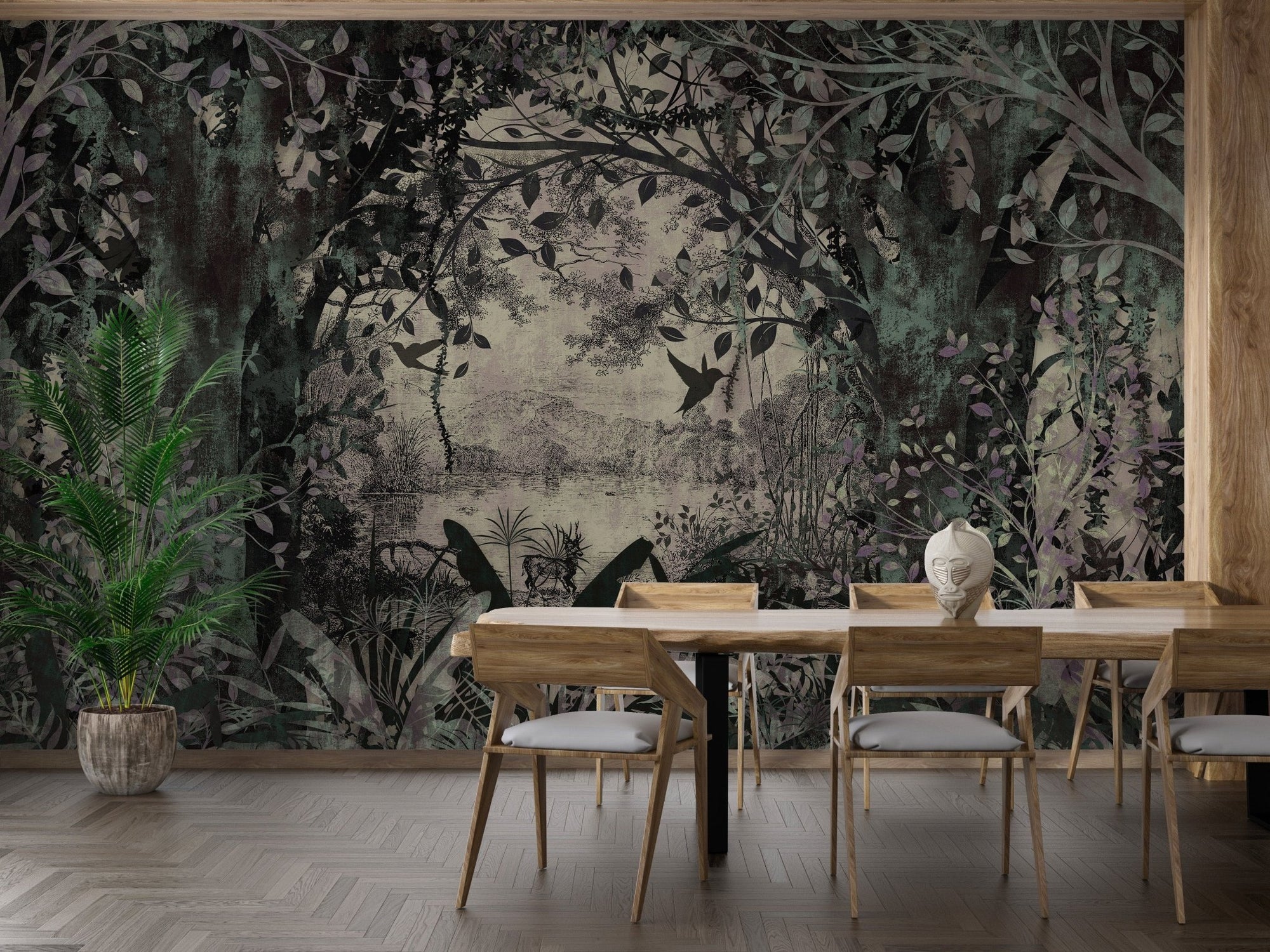 Dense forest wallpaper mural with dusky green hues A643