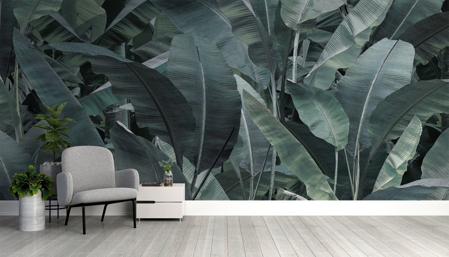 Moody tropical banana foliage wallpaper
