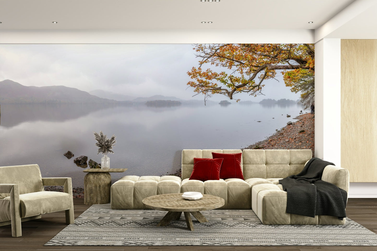 Serene lake view mural with soft grey sky

