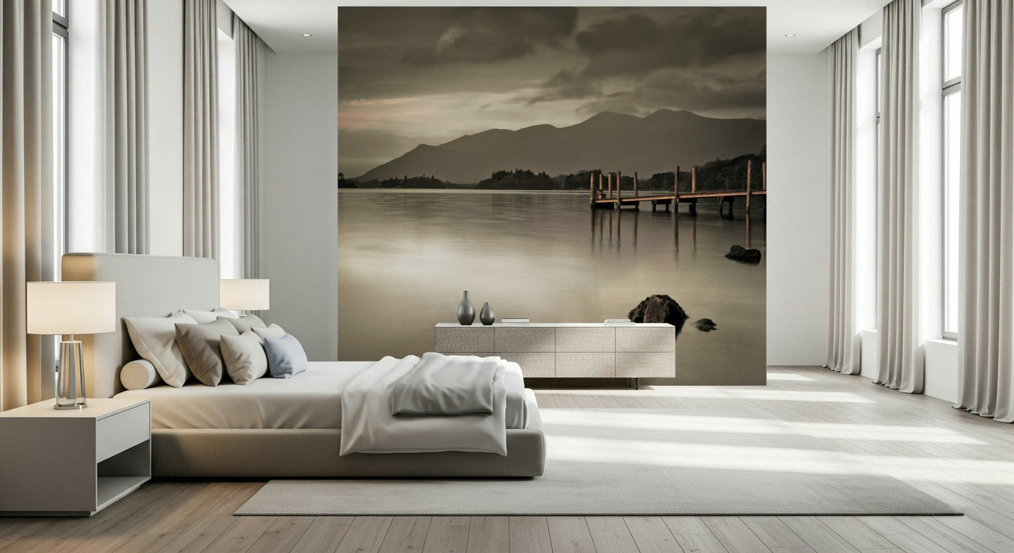 Derwentwater's Calm Wall Mural featuring misty blue lake in a modern Indian living room