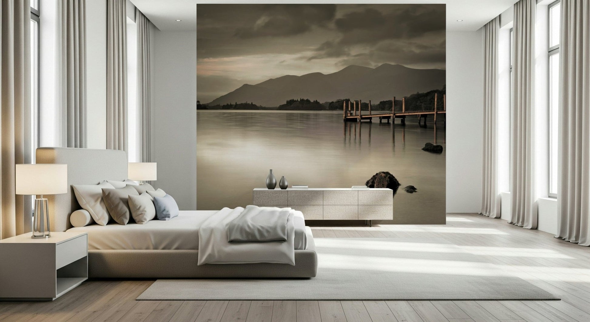 Derwentwater's Calm Wall Mural featuring misty blue lake in a modern Indian living room