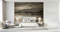 Scenic nature wall mural in cool tones for a contemporary home office space