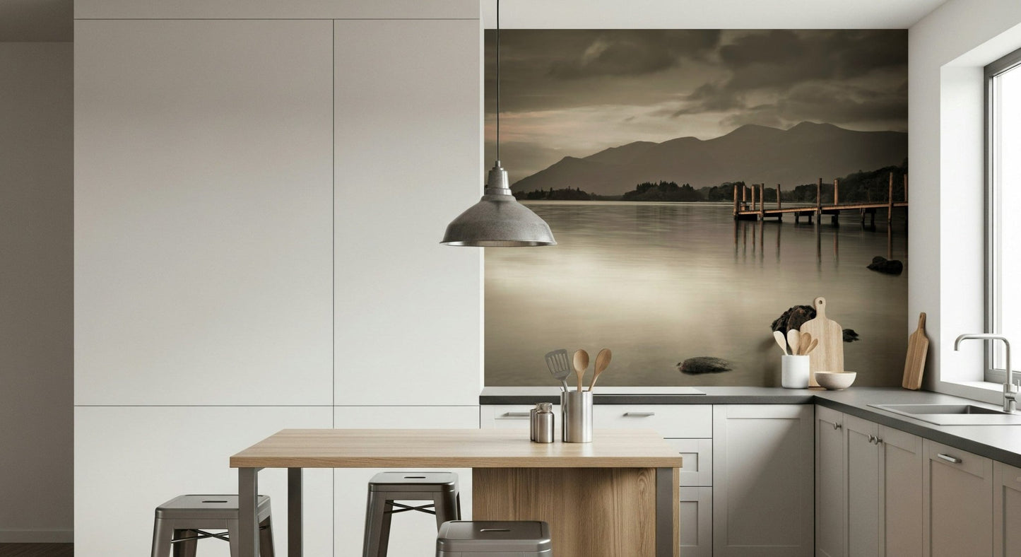 Derwentwater's Calm Wall Mural behind a wooden bed frame in a master suite