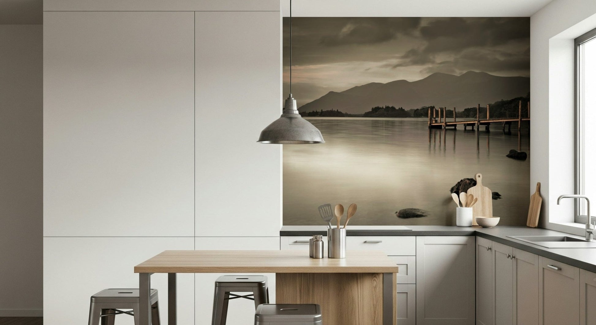 Derwentwater's Calm Wall Mural behind a wooden bed frame in a master suite