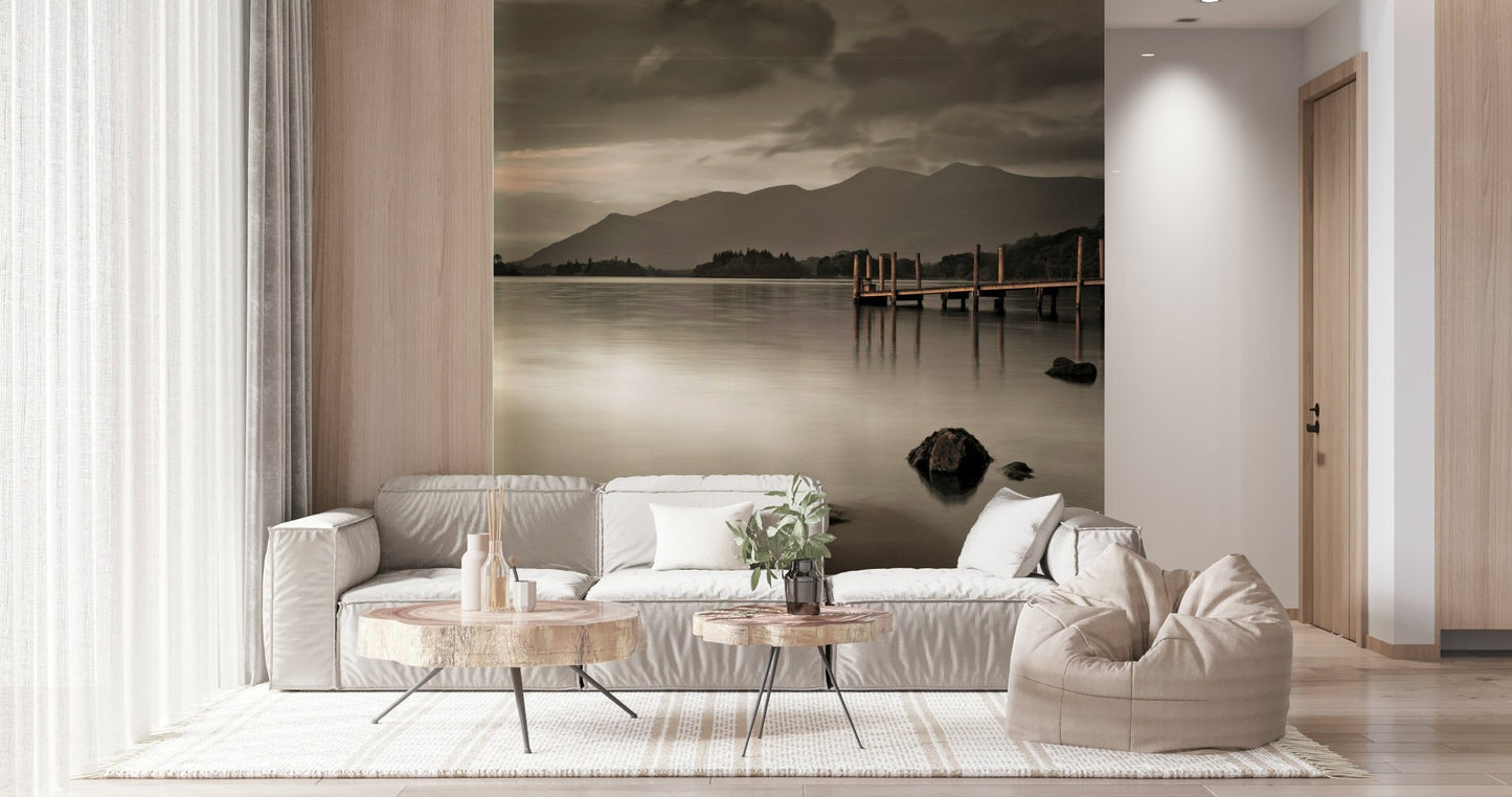 Derwentwater's Calm Wall Mural styled with neutral furniture in a bright apartment
