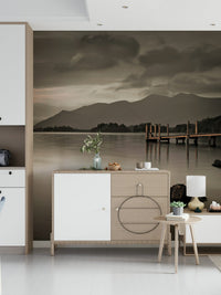 Soft blue mountain landscape wallpaper for a relaxing lounge or reading nook