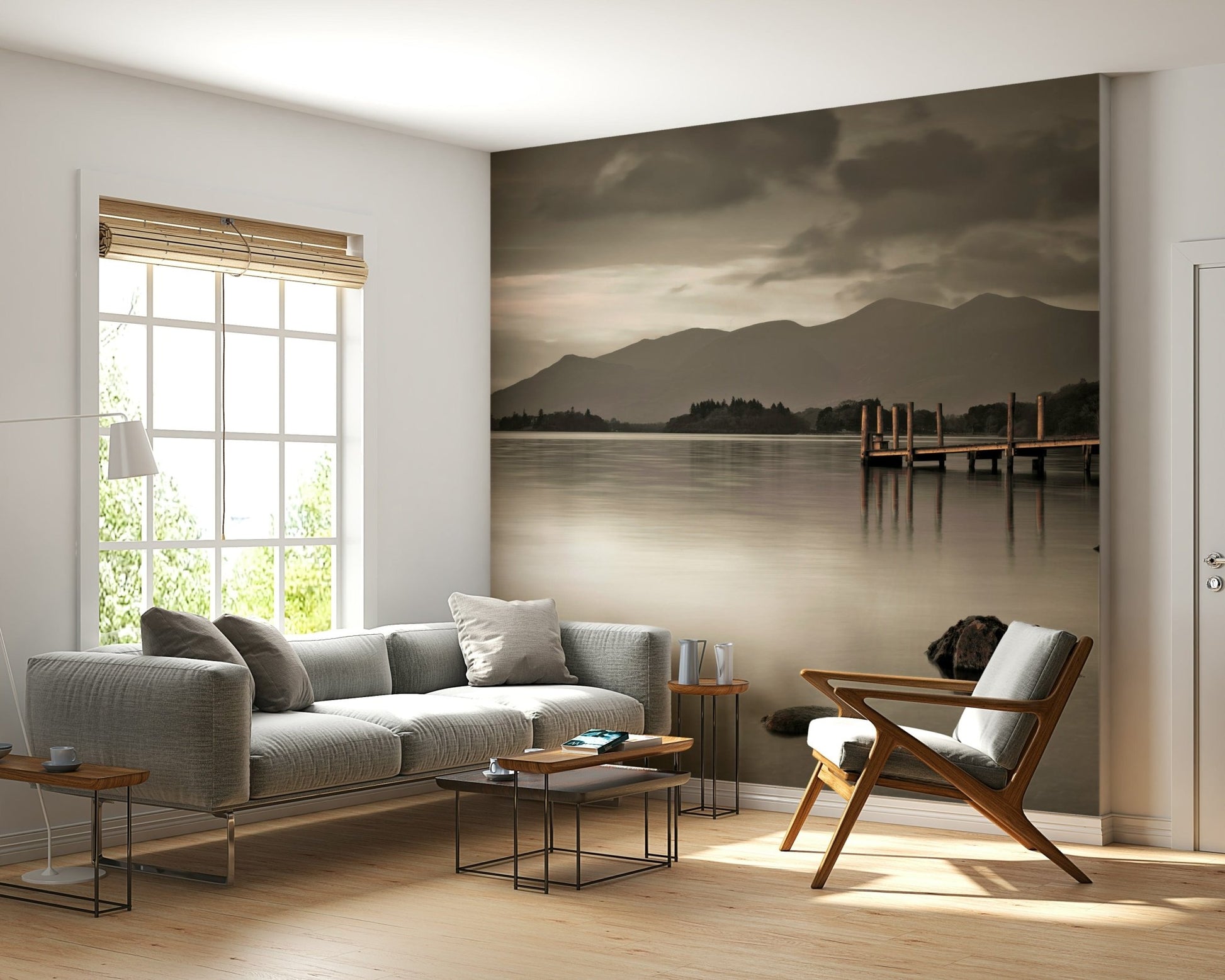 Misty lake scene wall covering for a professional workspace or conference room