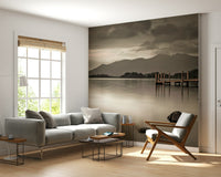 Misty lake scene wall covering for a professional workspace or conference room