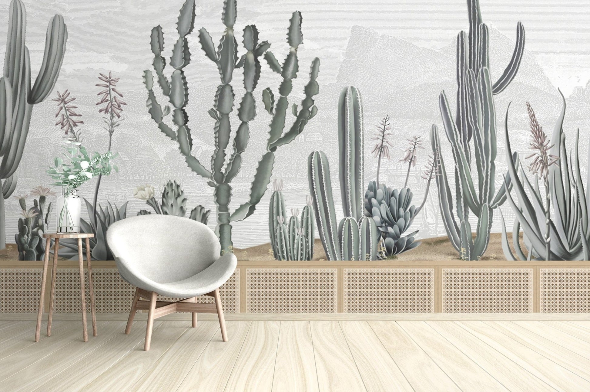 Green Wallpaper with Cactus Illustration
