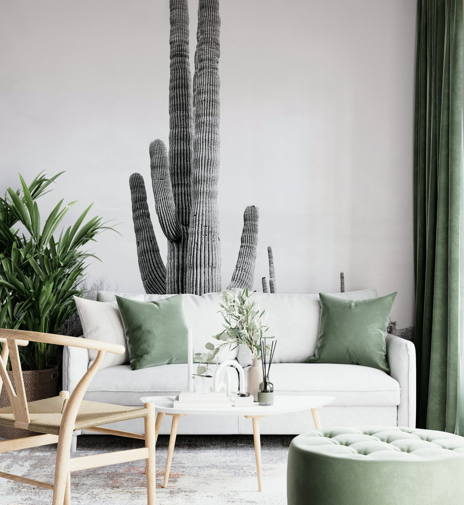 Monochrome desert landscape with cactus wall mural.

