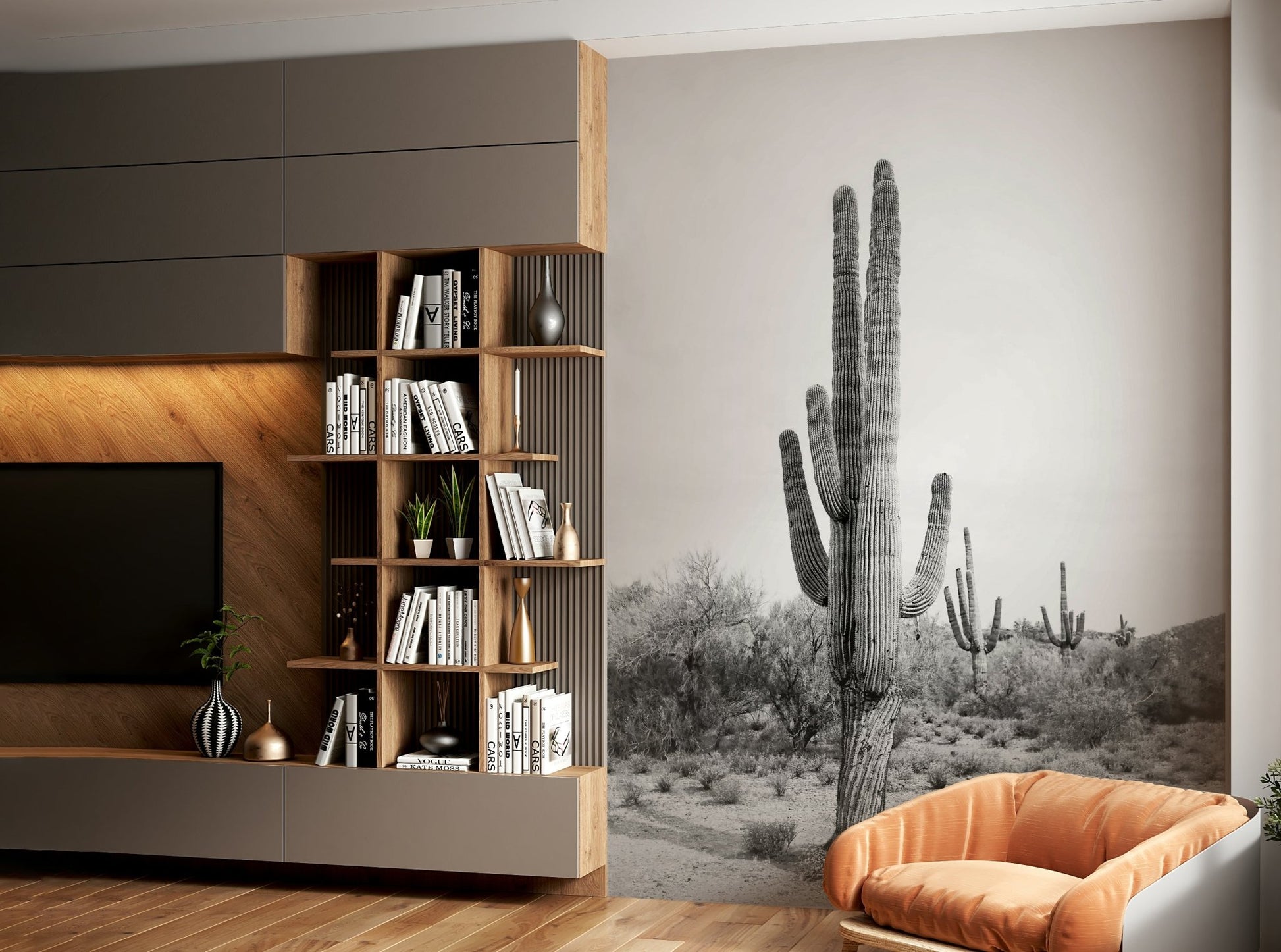 Contemporary black and white cactus wall mural.

