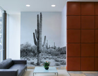 Monochrome cactus mural for desert-themed interiors.

