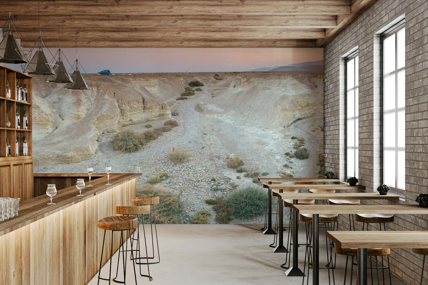 A minimalist interior with the desert-themed wallpaper.

