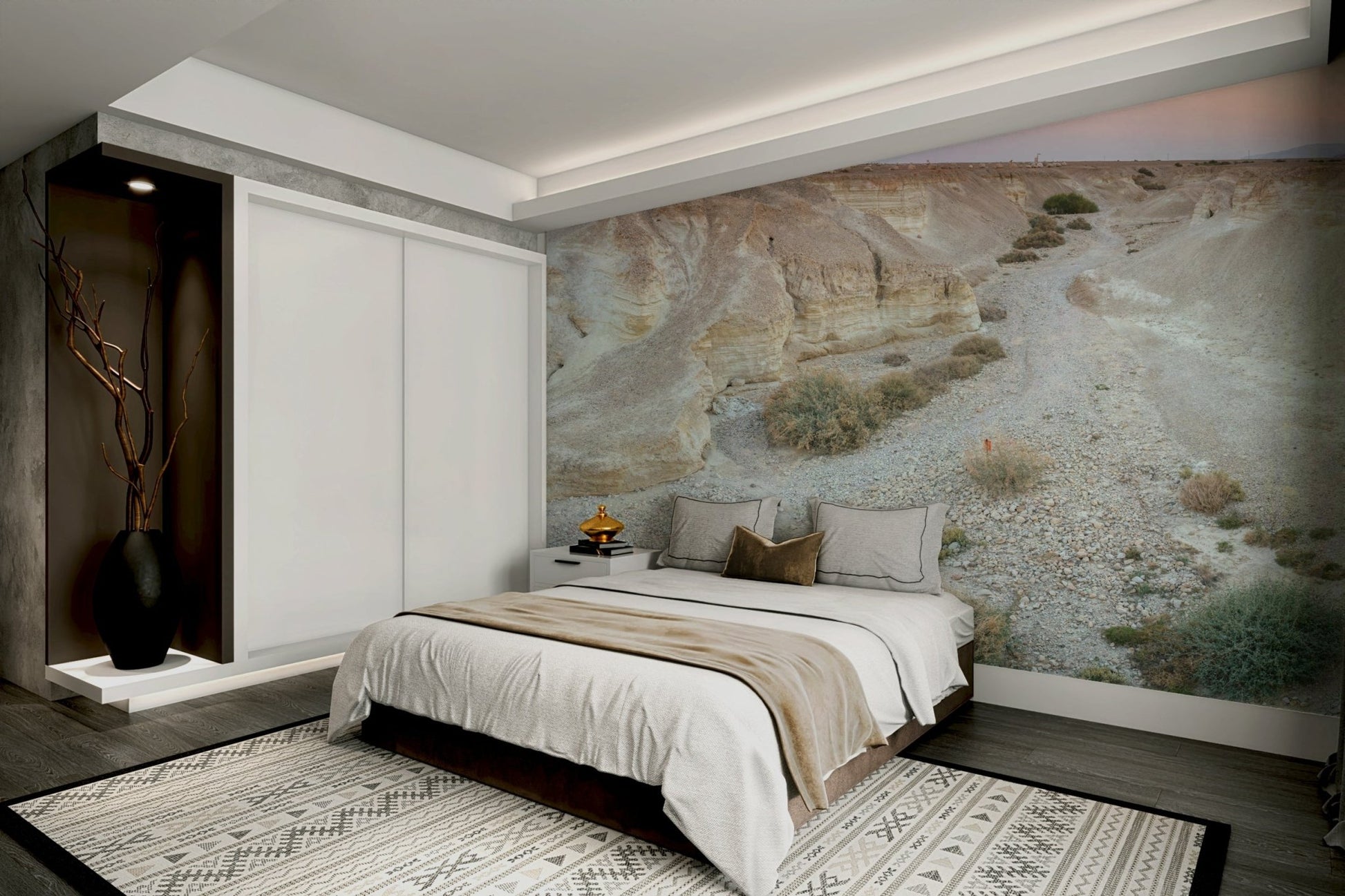A living room featuring the desert canyon wall mural.


