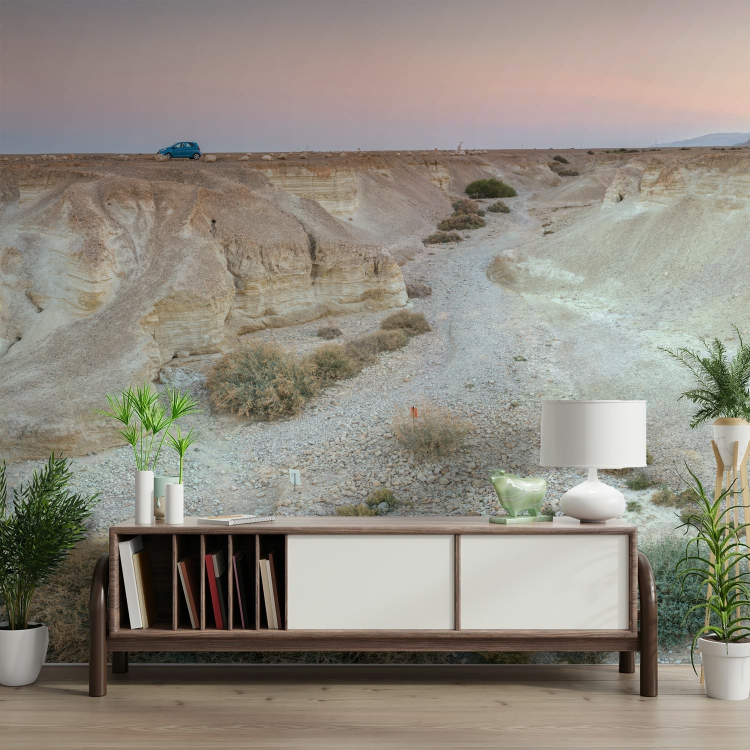 The wallpaper is used as a feature wall in a bedroom.

