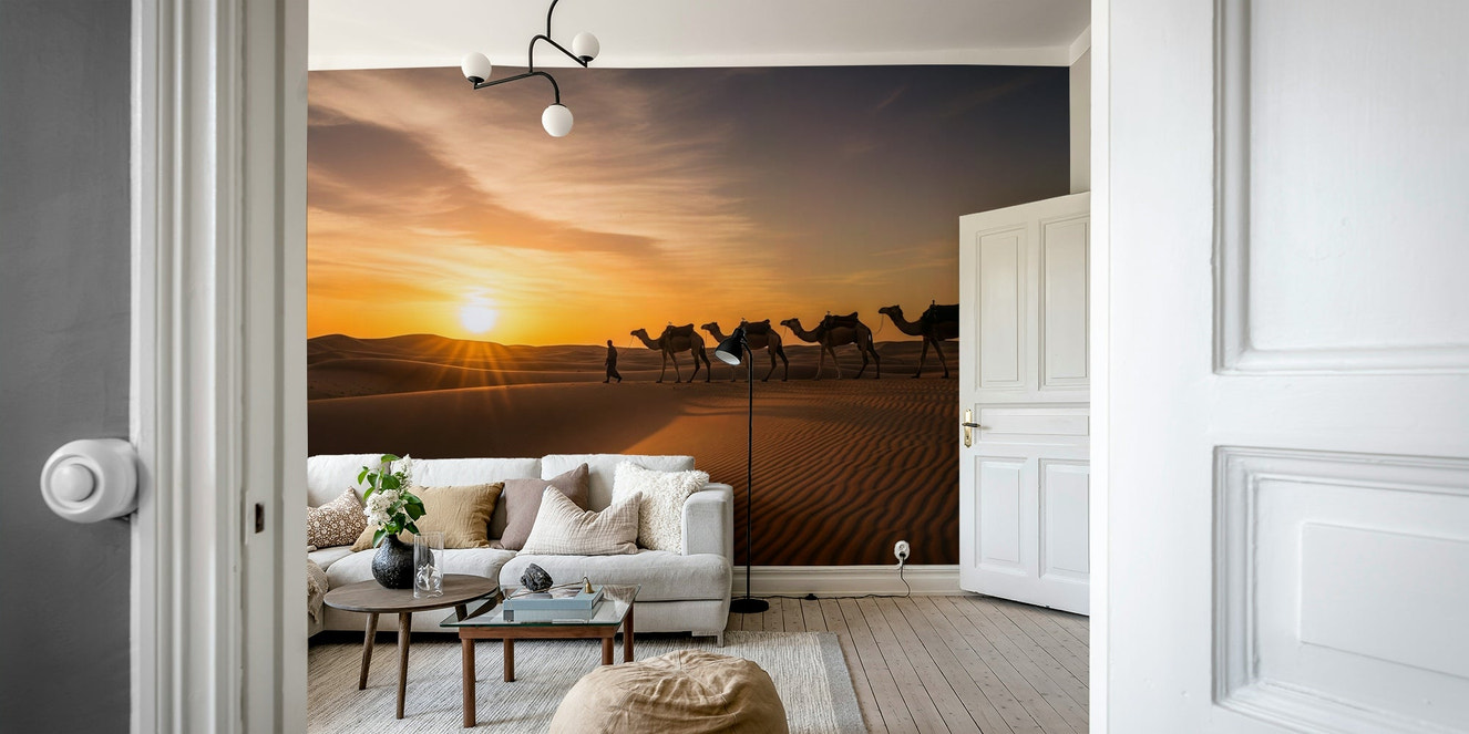 Mural wallpaper of a desert caravan at sunset

