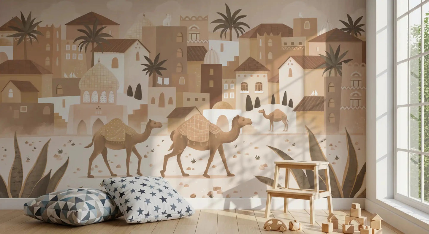 Hallway showing Desert Dreams Mono Wall Mural with desert town, GD9187