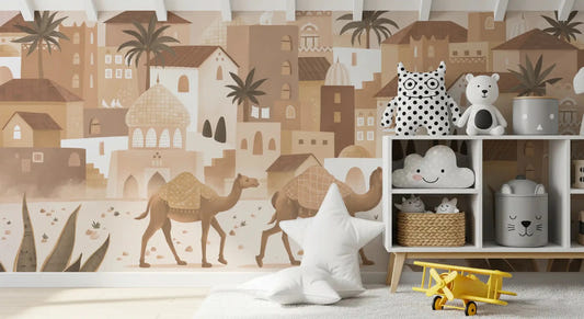 Kids room with Desert Dreams Mono Wall Mural and camel scene