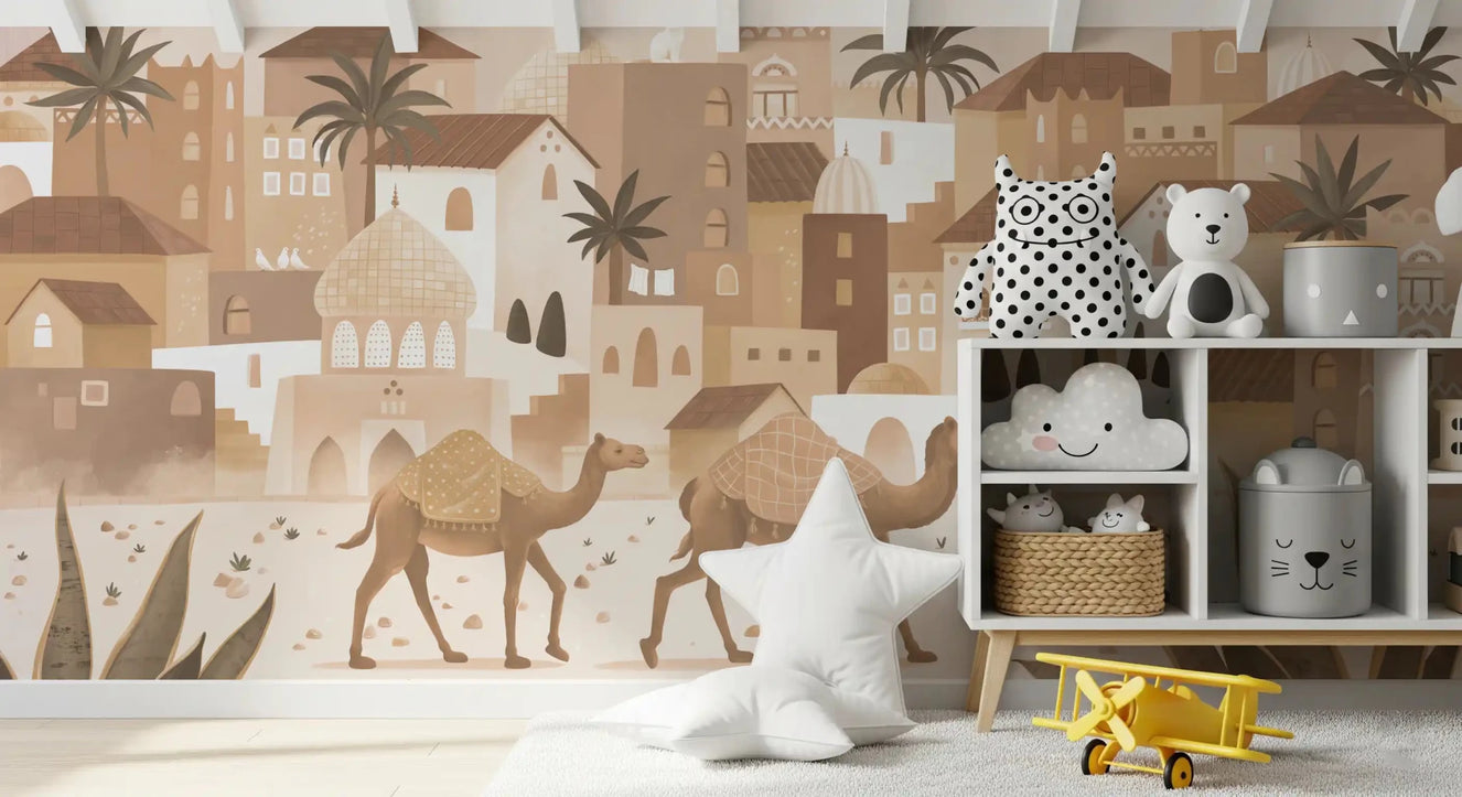 Kids room with Desert Dreams Mono Wall Mural and camel scene