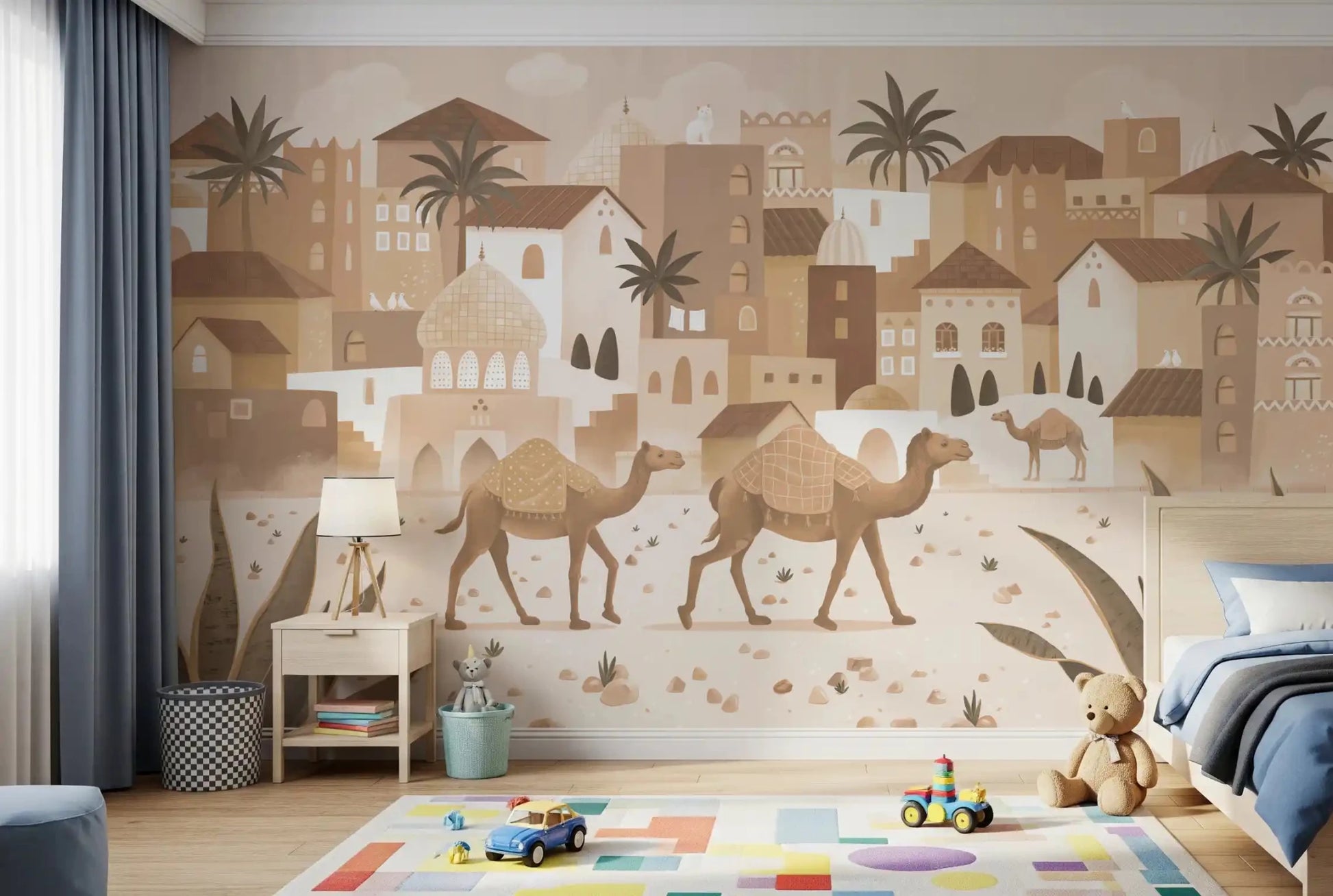 Bedroom styled in Desert Dreams Mono Desert Wall Mural design, GD9187