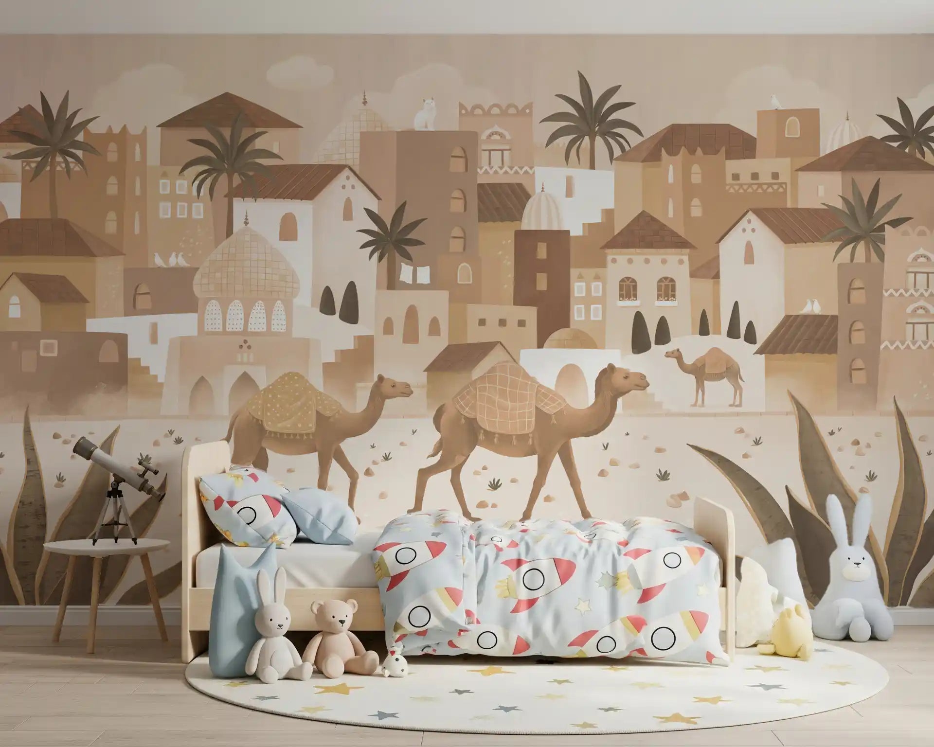 Desert Dreams Mono Wall Mural with camels and palm trees, GD9187