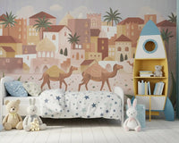 Desert Dreams Wall Mural with camels and warm desert buildings, GD9177