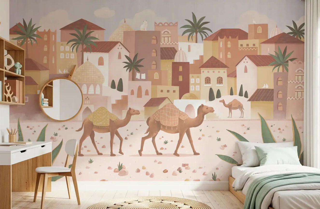 Kids bedroom with Desert Dreams Wall Mural and pastel desert town