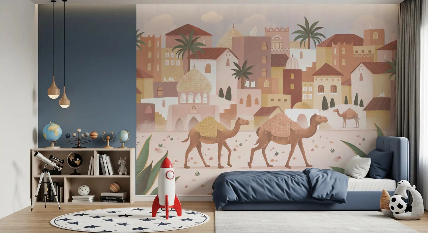 Desert Dreams Wall Mural with domes, palms, and sandy tones, GD9177