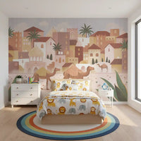 Bedroom styled in Desert Dreams Desert Wall Mural with camels, GD9177