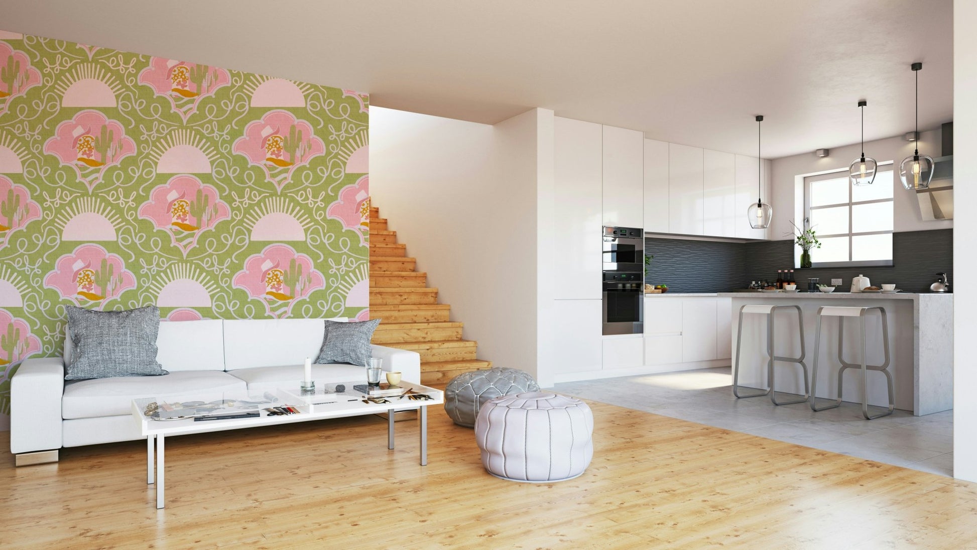 A wall mural featuring a desert landscape.

