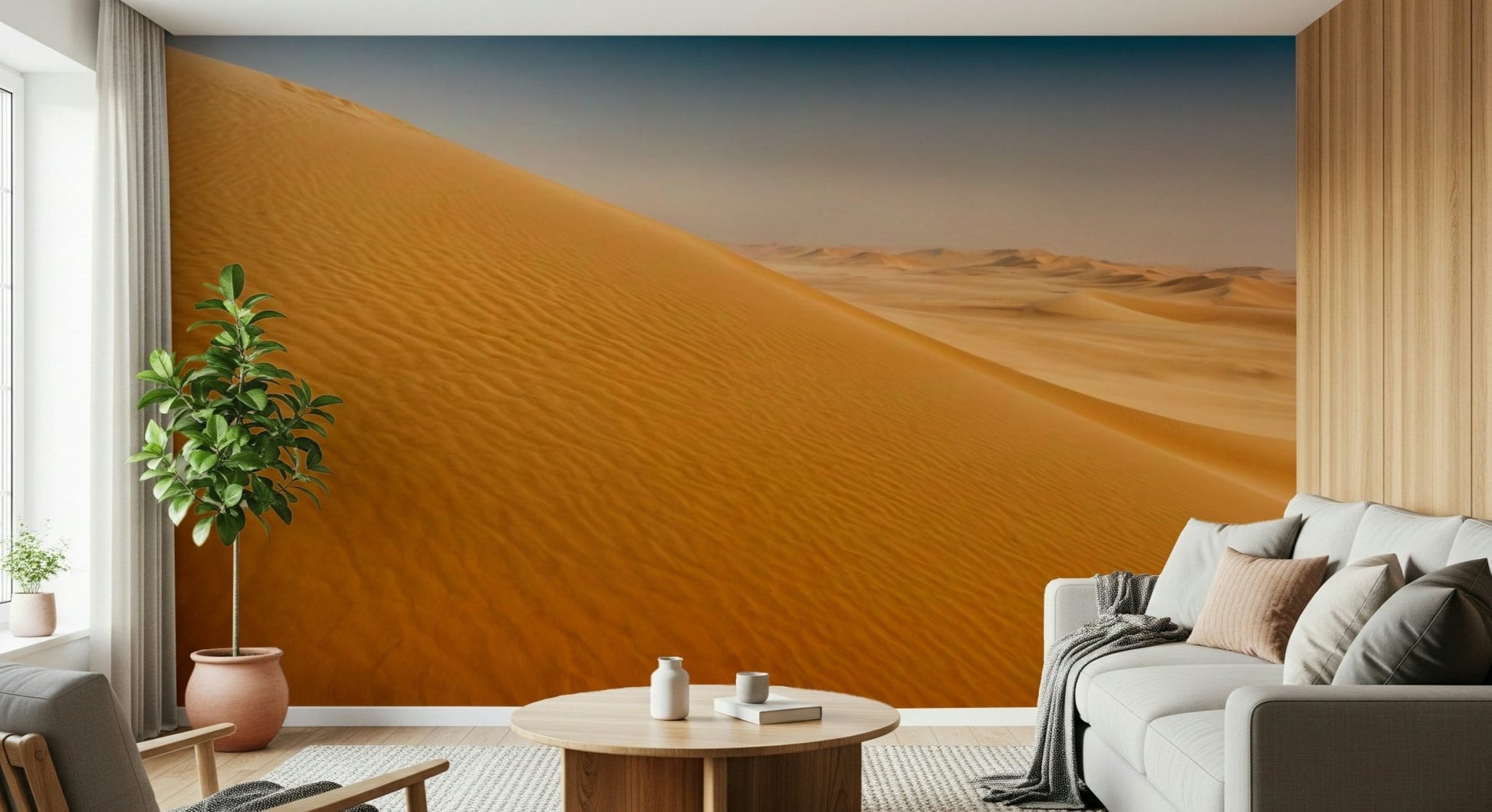 Desert landscape wallpaper for a modern executive suite workspace.