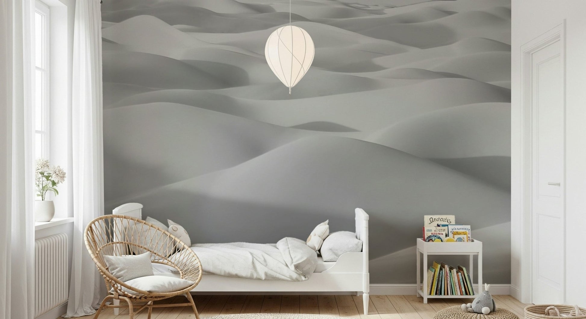 A peaceful open country mural on decorative wallpaper.