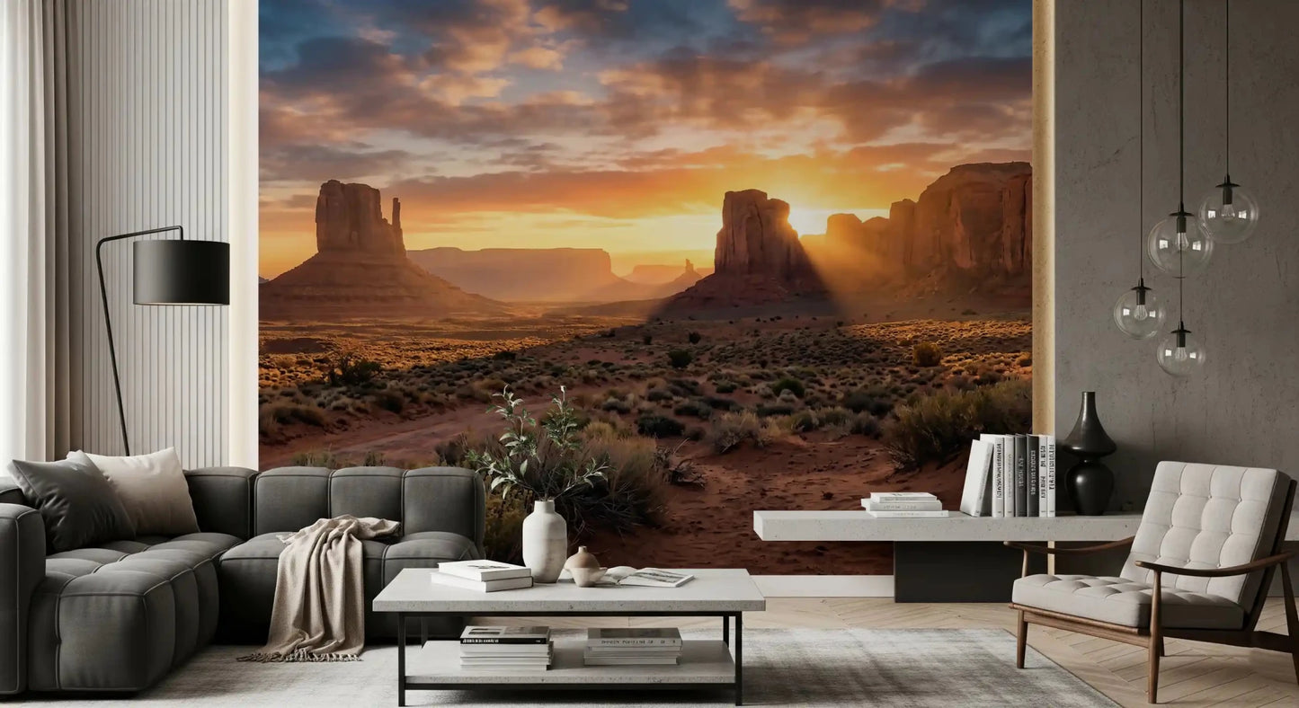 Scenic desert wall mural with buttes and soft sky glow