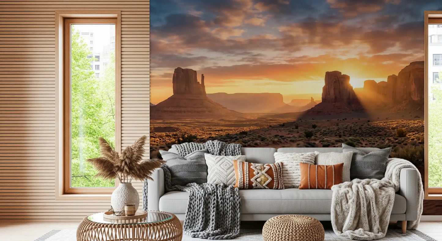 Golden hour desert wall mural with warm light and textures