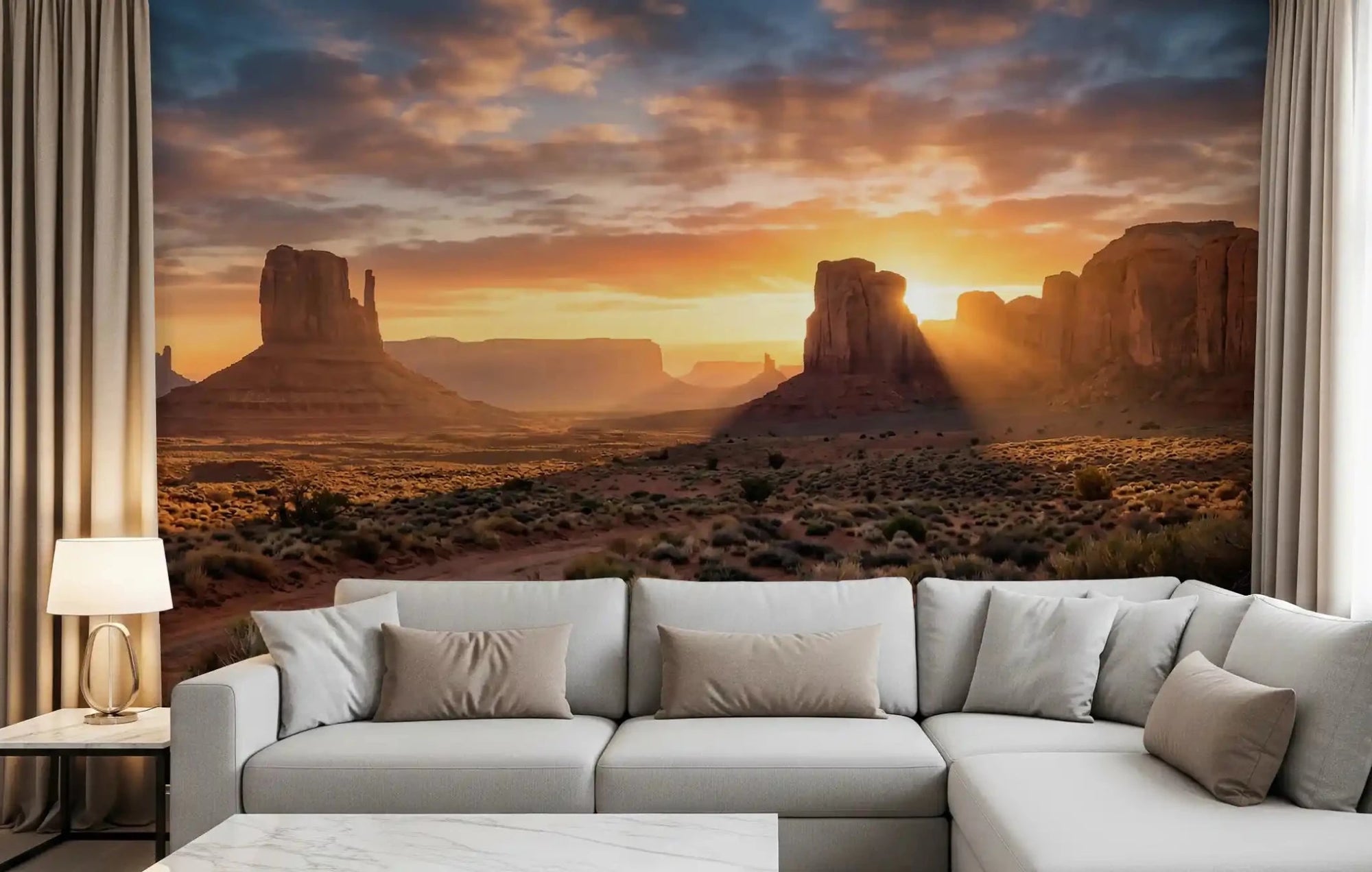Living room Desert Horizon wall mural golden buttes sunset view, GD9420
