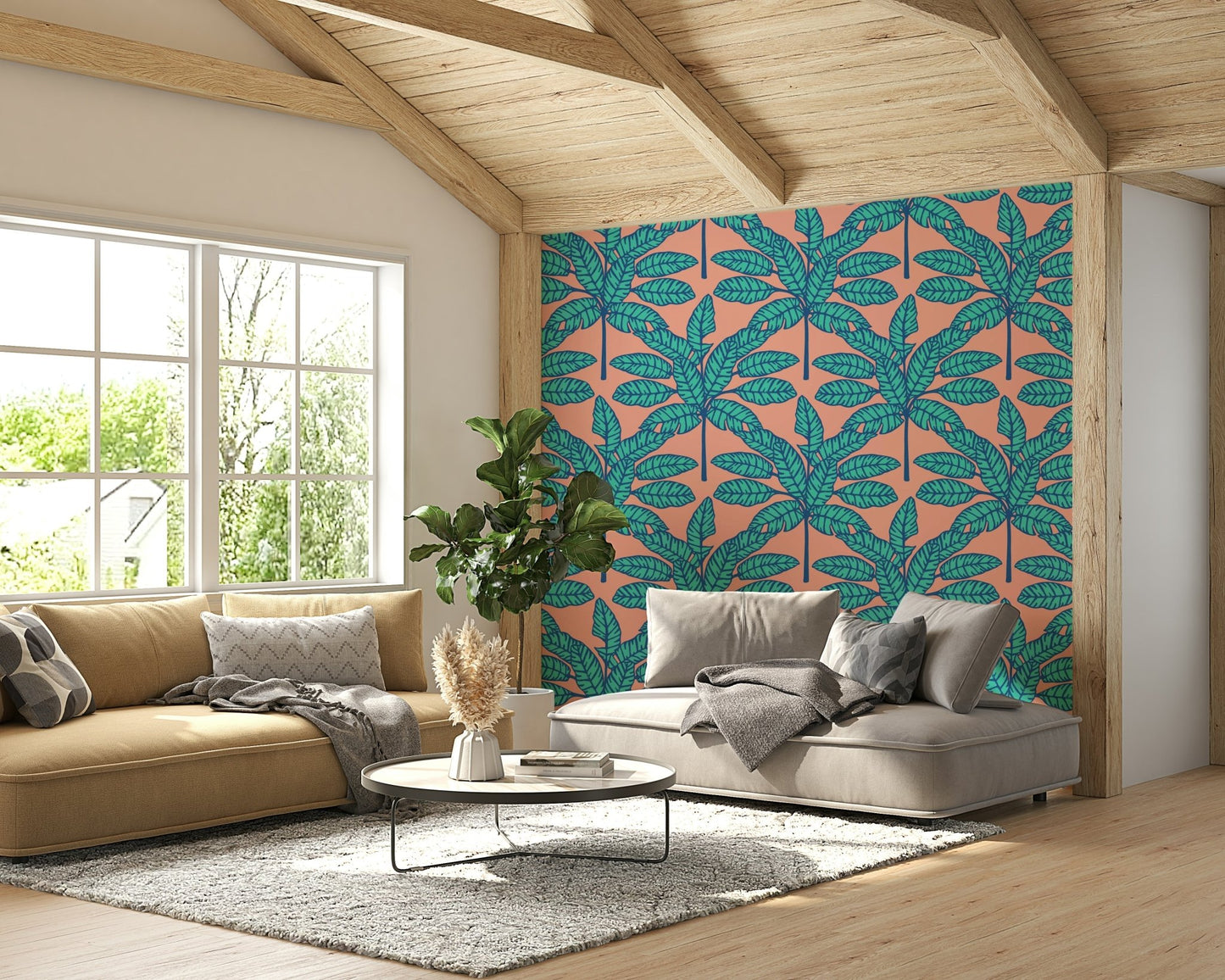 Tropical leaves design in aqua blue and clay pink tones.

