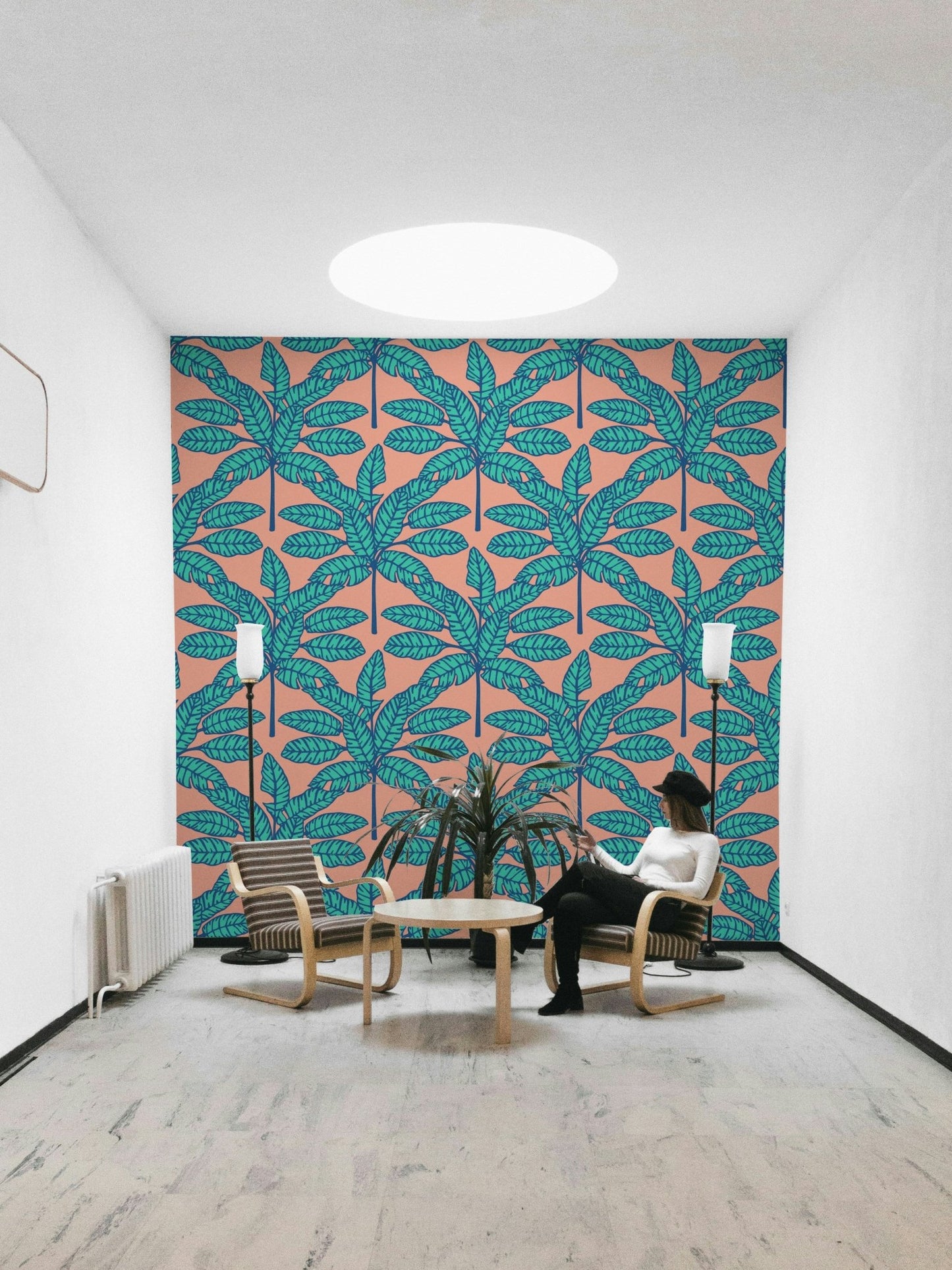 Aqua blue and pink desert leaves wallpaper for modern spaces.

