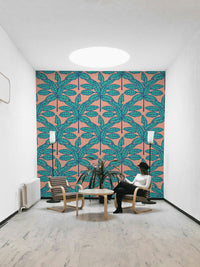 Aqua blue and pink desert leaves wallpaper for modern spaces.

