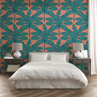 Retro Mid Century tropical wallpaper in clay pink and aqua.

