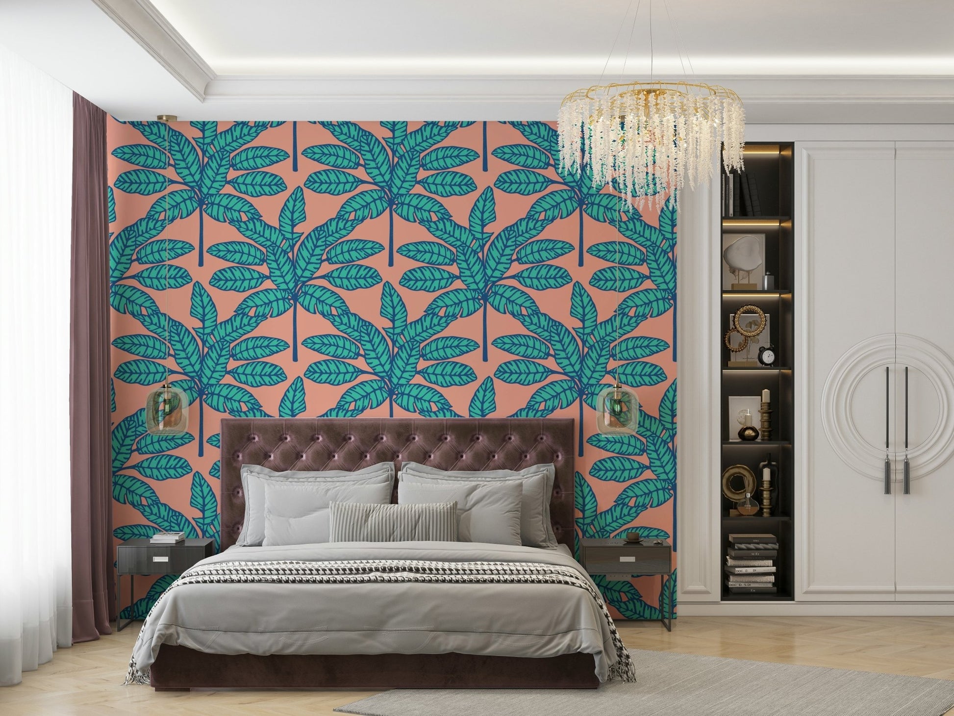Vibrant tropical leaves on aqua and clay pink wallpaper.

