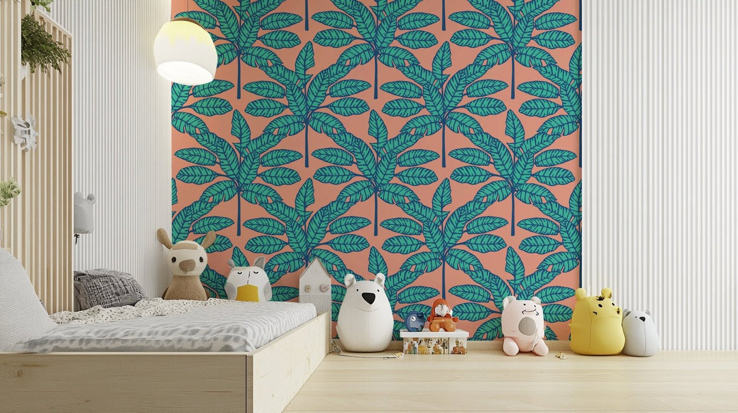 Desert Leaves Oasis wallpaper with aqua blue and pink.

