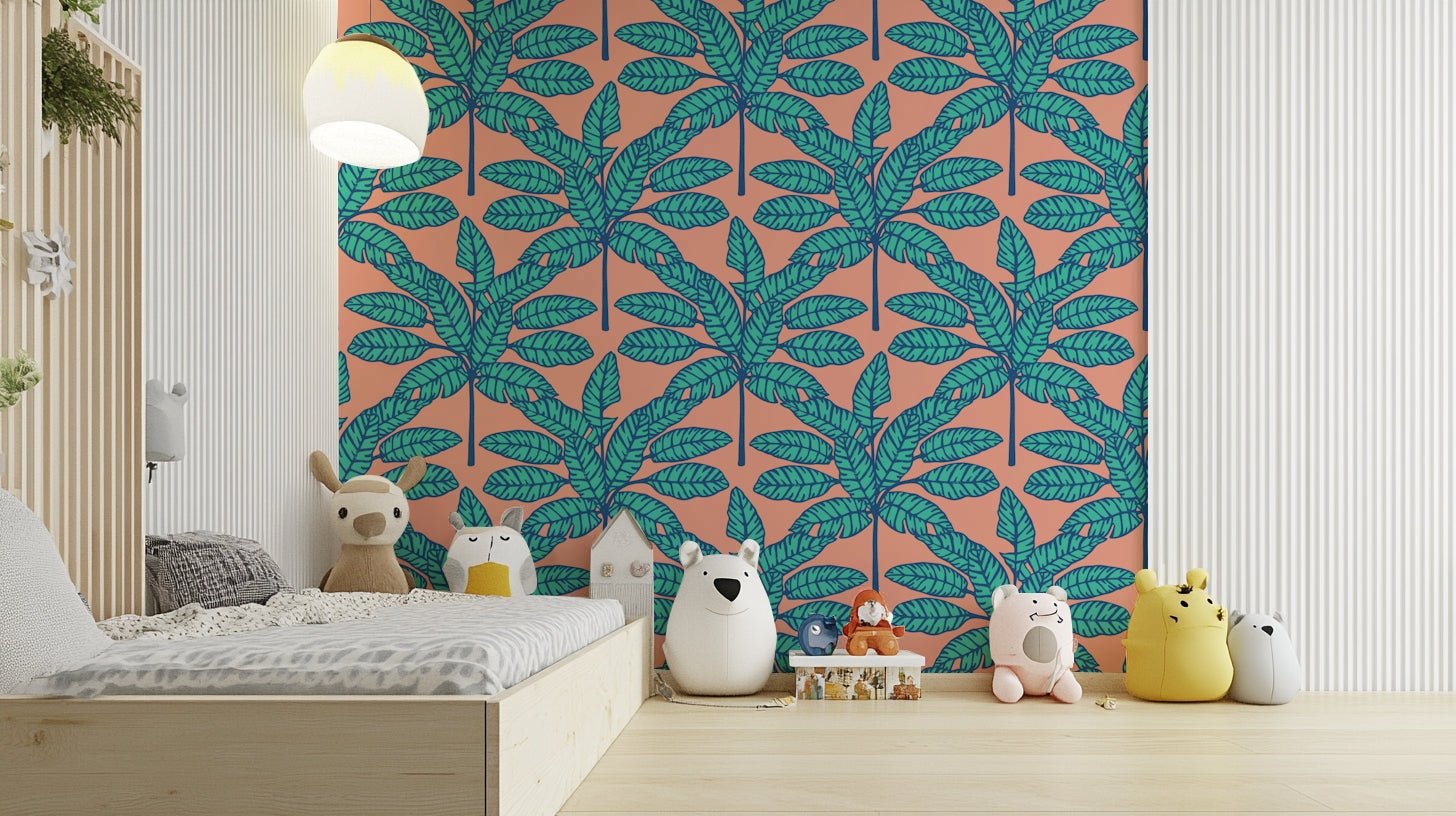 Desert Leaves Oasis wallpaper with aqua blue and pink., GD1577