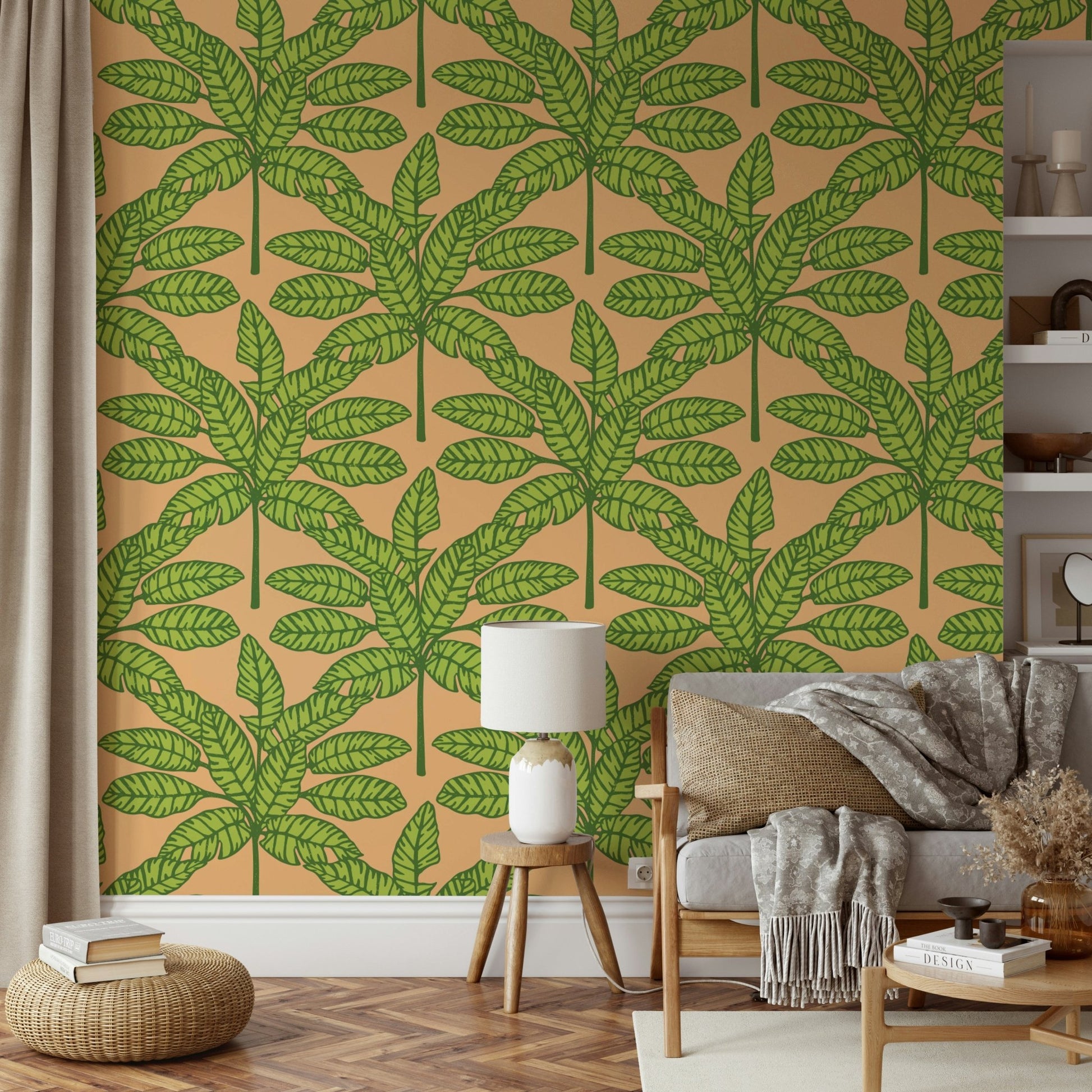 Desert oasis-inspired wallpaper with green and orange hues

