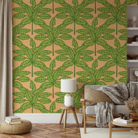Desert oasis-inspired wallpaper with green and orange hues

