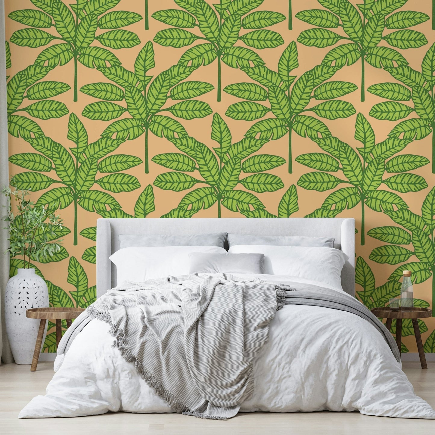 Retro tropical wallpaper with desert leaves in warm shades

