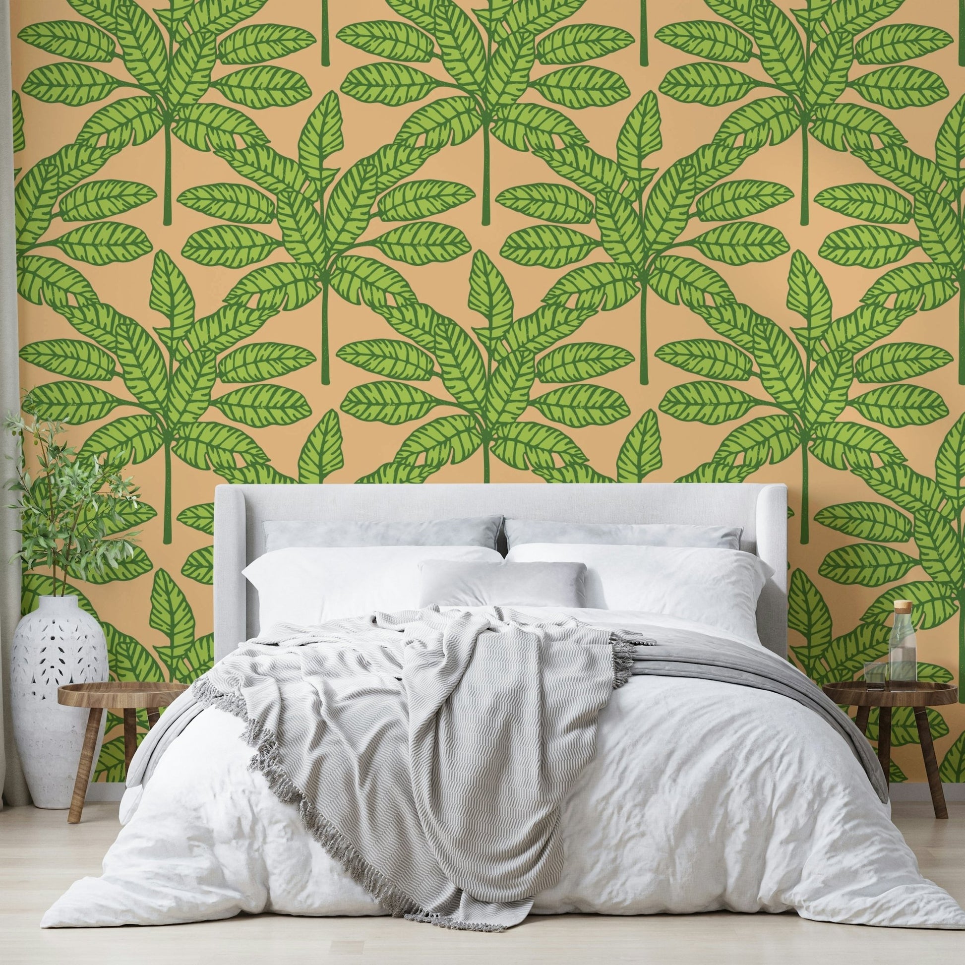 Retro tropical wallpaper with desert leaves in warm shades


