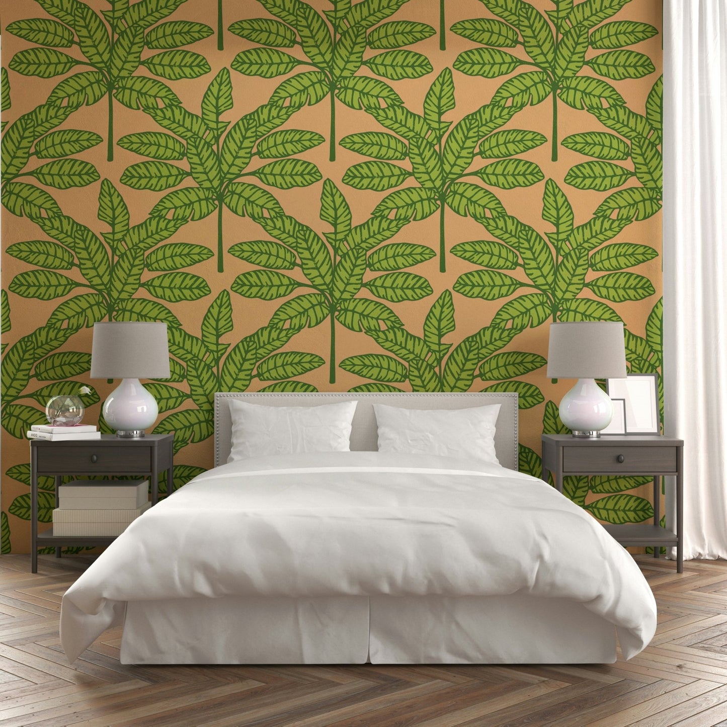 Green and orange retro desert leaves wall covering

