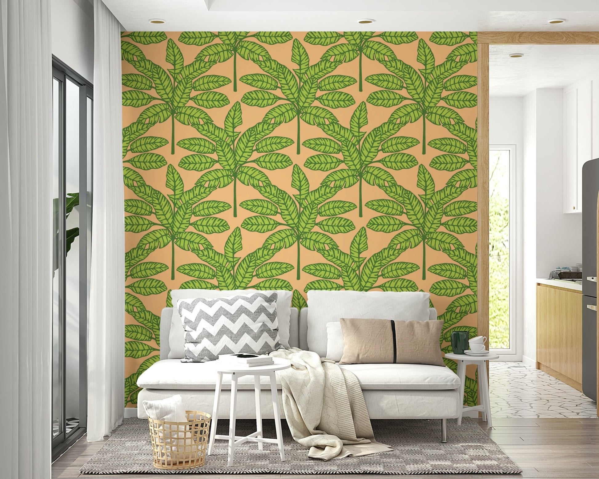 Mid-century desert leaves pattern in green and orange tones

