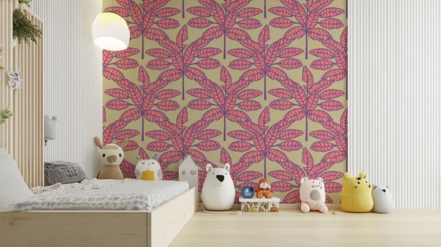 Vintage-inspired tropical wallpaper with pink and purple desert leaves


