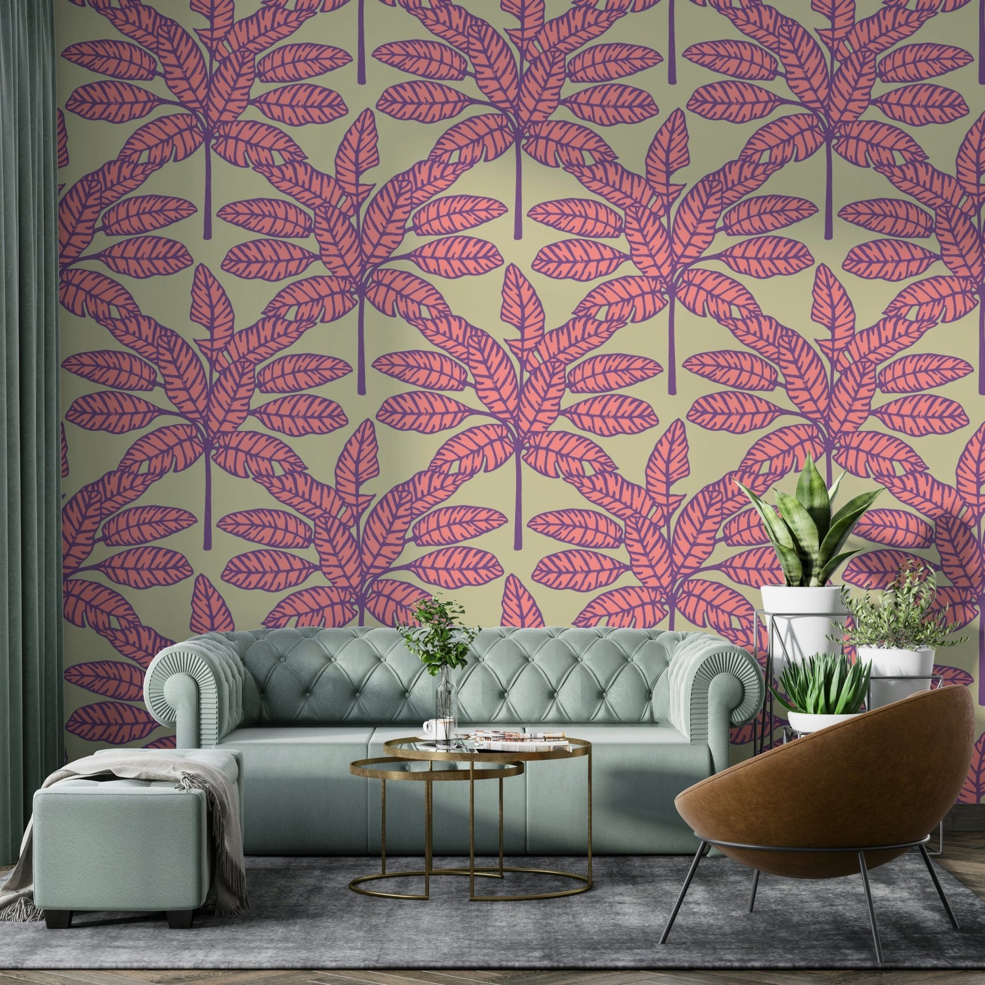 Desert Leaves Oasis wallpaper in tropical pink, purple, and cream

